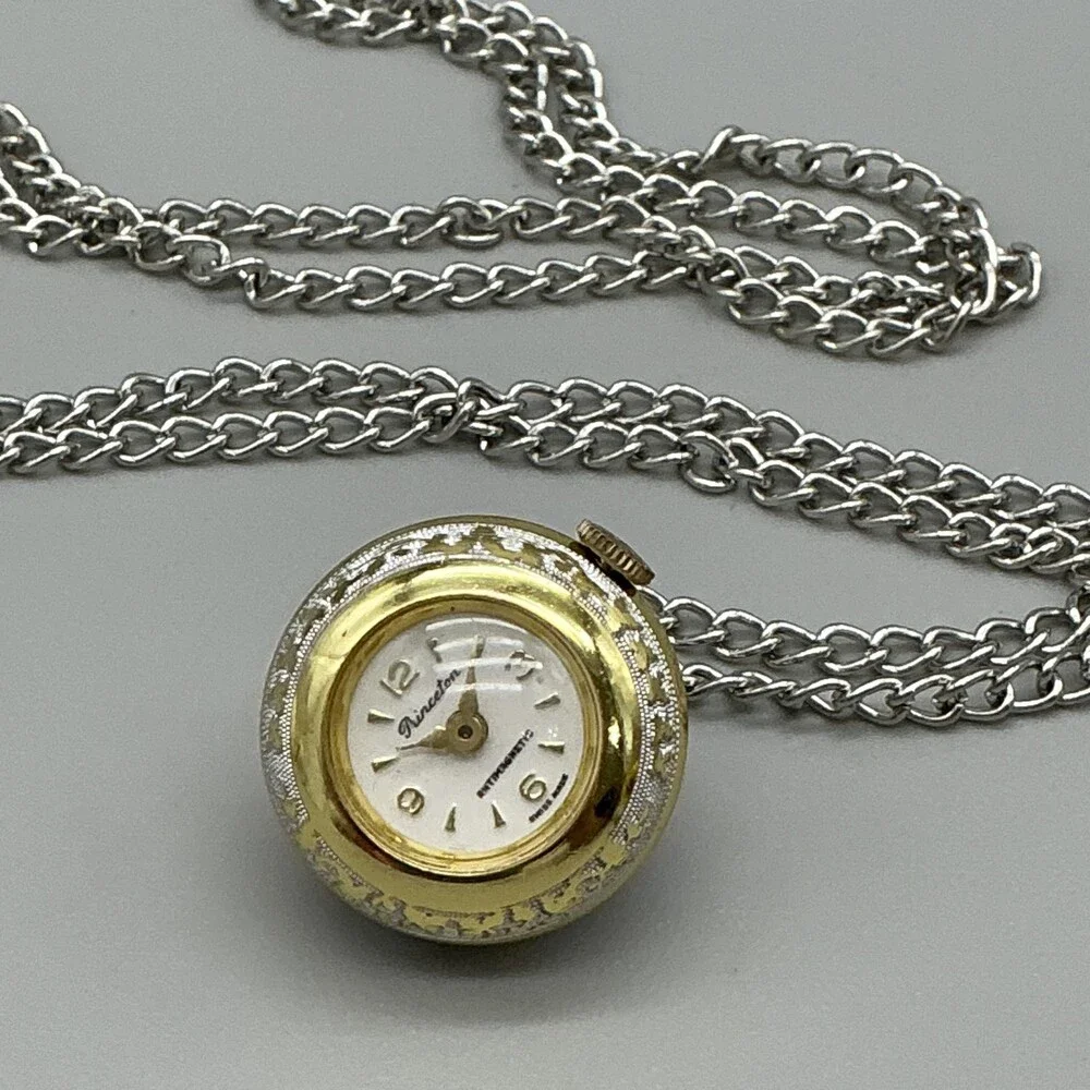 Vintage Princeton Pendant Necklace Watch Women 23mm Gold Tone Manual Swiss Chain